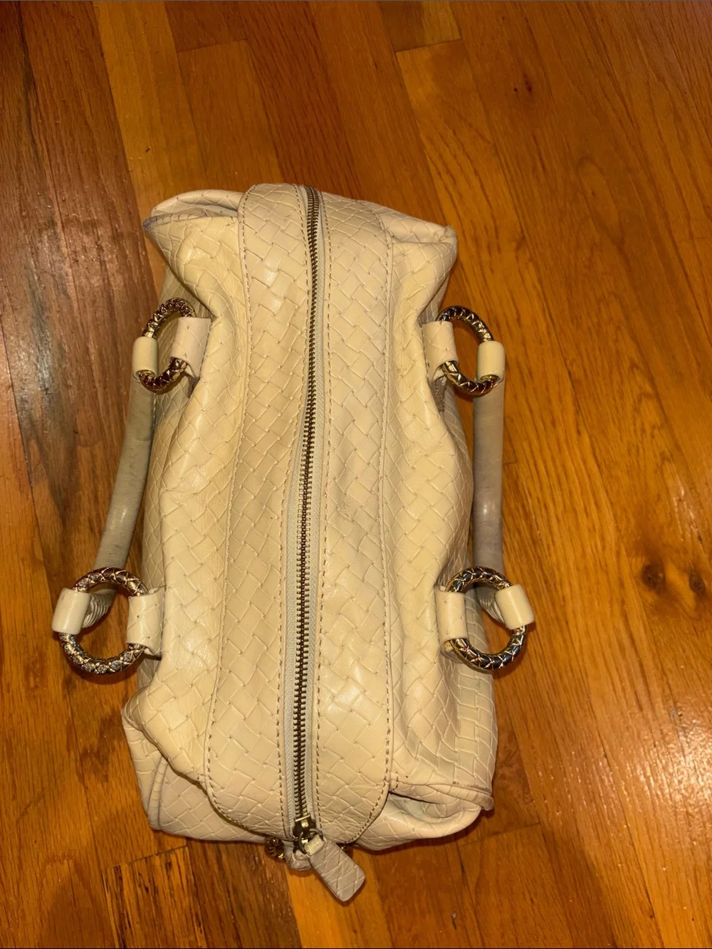 Antonio Melani Woven Style Leather Satchel Handbag - Cream-Gold Accents